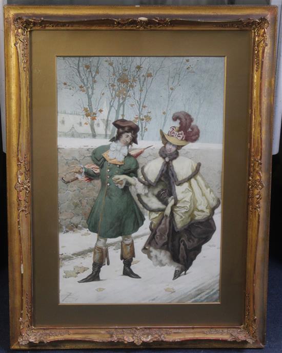 Giuseppe Aureli (1858-1929) Elegant lady and gentleman on a snowy lane, 20.75 x 13.5in.